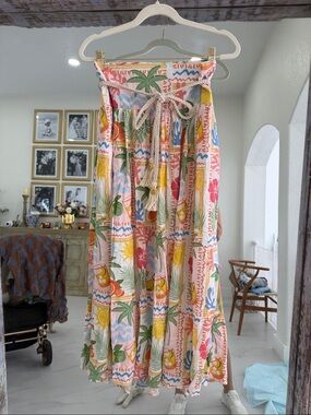 C&C California Multicolor Tropical Print Linen-Blend Smocked Maxi Skirt